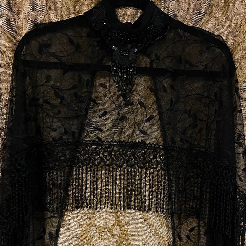 Chic Black Lace Fringe shawl sheer ONE SIZE NO TAG